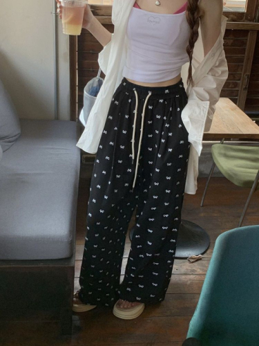 Lazy style bow printed wide-leg casual pants for women summer 2024 new high-waist slim drape floor-length trousers