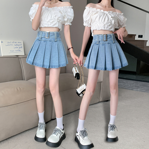 New internet celebrity hot girl pleated jeans skirt women's high waist slimming versatile pleated skirt