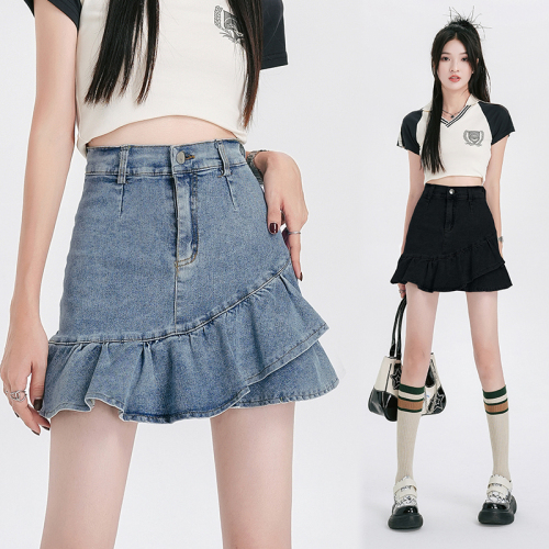 Ruffled denim skirt for women, summer high-waisted culottes, slimming short skirt for sweet and sweet girls