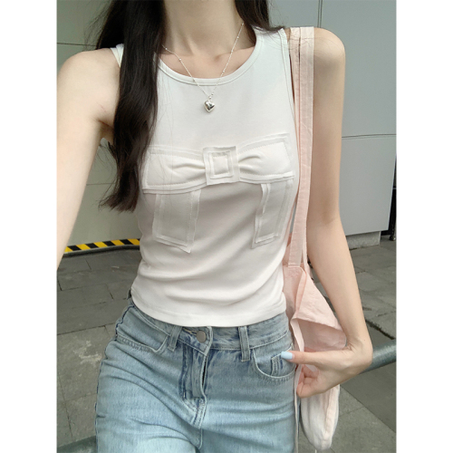 Real shot of three-dimensional bow racer vest for women summer new solid color slim fit short sleeveless top