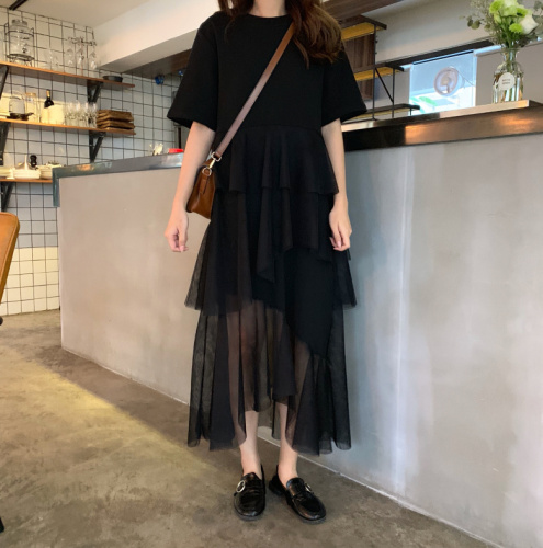 2024 Spring and Summer New Korean Style Loose Versatile Short Sleeve Splicing Mesh Irregular Dress Cake Skirt Women's Long Skirt