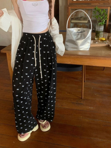 Lazy style bow printed wide-leg casual pants for women summer 2024 new high-waist slim drape floor-length trousers