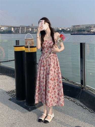 First Love Long Skirt Retro Gentle Style Suspender Skirt Floral Dress Female Summer Design Niche Sexy Dress