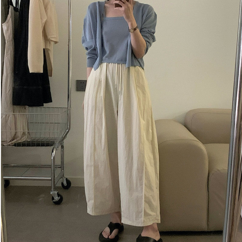 Elastic waist workwear wide leg pants for women summer 2024 new high waist slimming retro nine-point casual pants