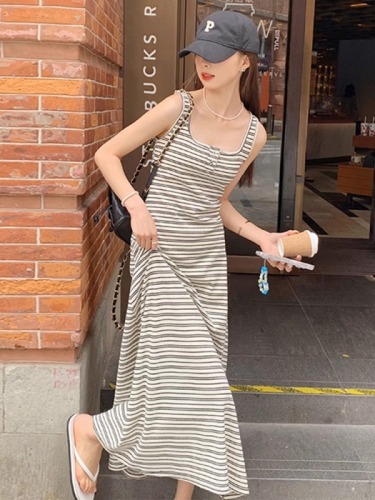 French Striped Suspender Knitted Dress Women's Spring 2024 Summer New Loose Versatile Long Skirt