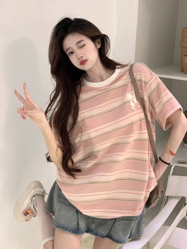 Real shot of cloud cotton short-sleeved T-shirt summer print loose trendy shoulder contrast round neck top Korean style women's clothing