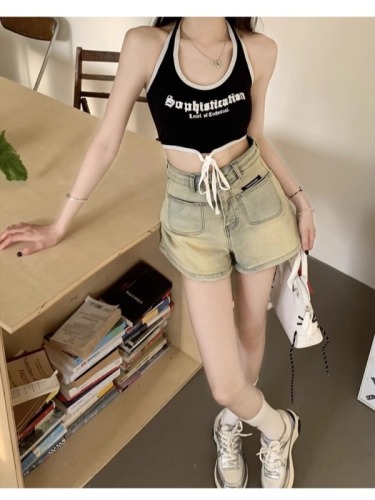 Official picture 6535 stretch cotton halterneck suspender for hot girls to wear in summer short strappy backless top