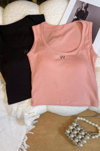 Actual price~Cotton all-match invincible breast-covering tank top with wide shoulder straps to slim down W letter logo solid color top for women