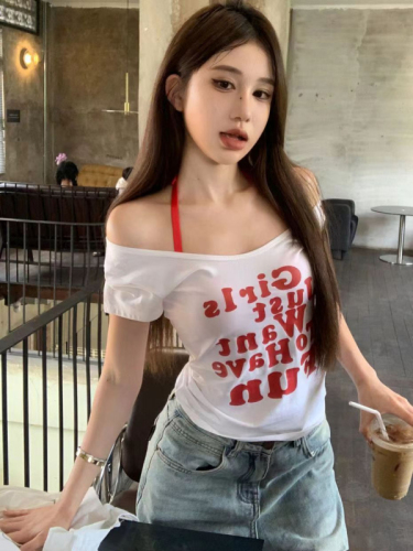 260g custom cut 1x1 Korean letter printed u-neck short-sleeved pure cotton right shoulder women's summer hottie top