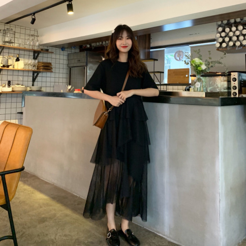 2024 Spring and Summer New Korean Style Loose Versatile Short Sleeve Splicing Mesh Irregular Dress Cake Skirt Women's Long Skirt