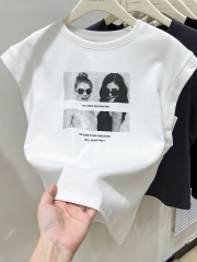 Combed cotton 200g printed sleeveless T-shirt women's short-sleeved summer small flying sleeves vest loose top