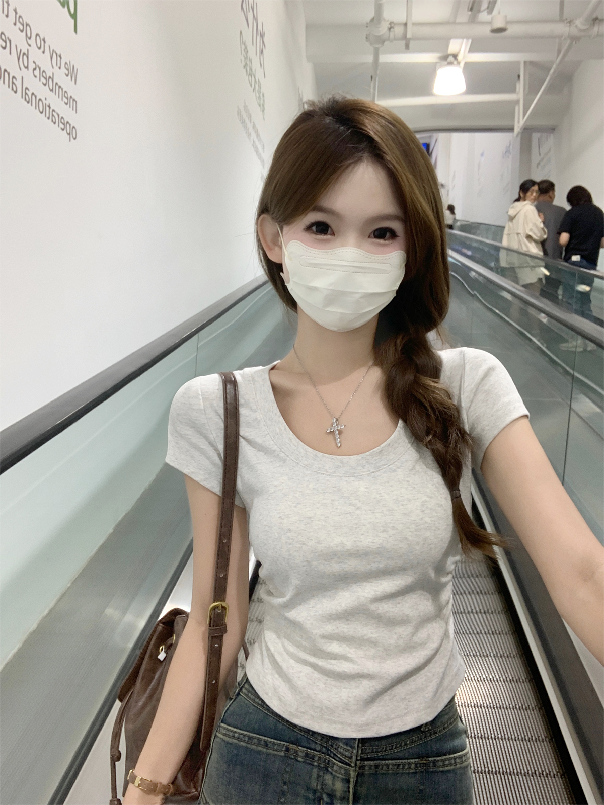 實拍 夏季韓版U領簡約百搭褶皺設計感修身純棉短袖T恤上衣女