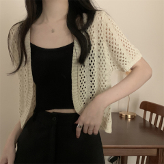 實拍 真 夏季新款針織短袖袖鏤空鈎花防曬開衫女外套