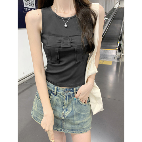 Real shot of three-dimensional bow racer vest for women summer new solid color slim fit short sleeveless top