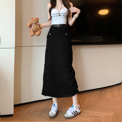 New version of quick-drying pleated work skirt, loose casual straight leg slit back skirt