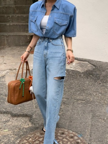 Summer high-waisted ripped straight jeans and slit trousers