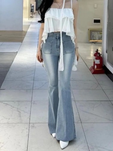 Summer new style double pocket white slimming jeans