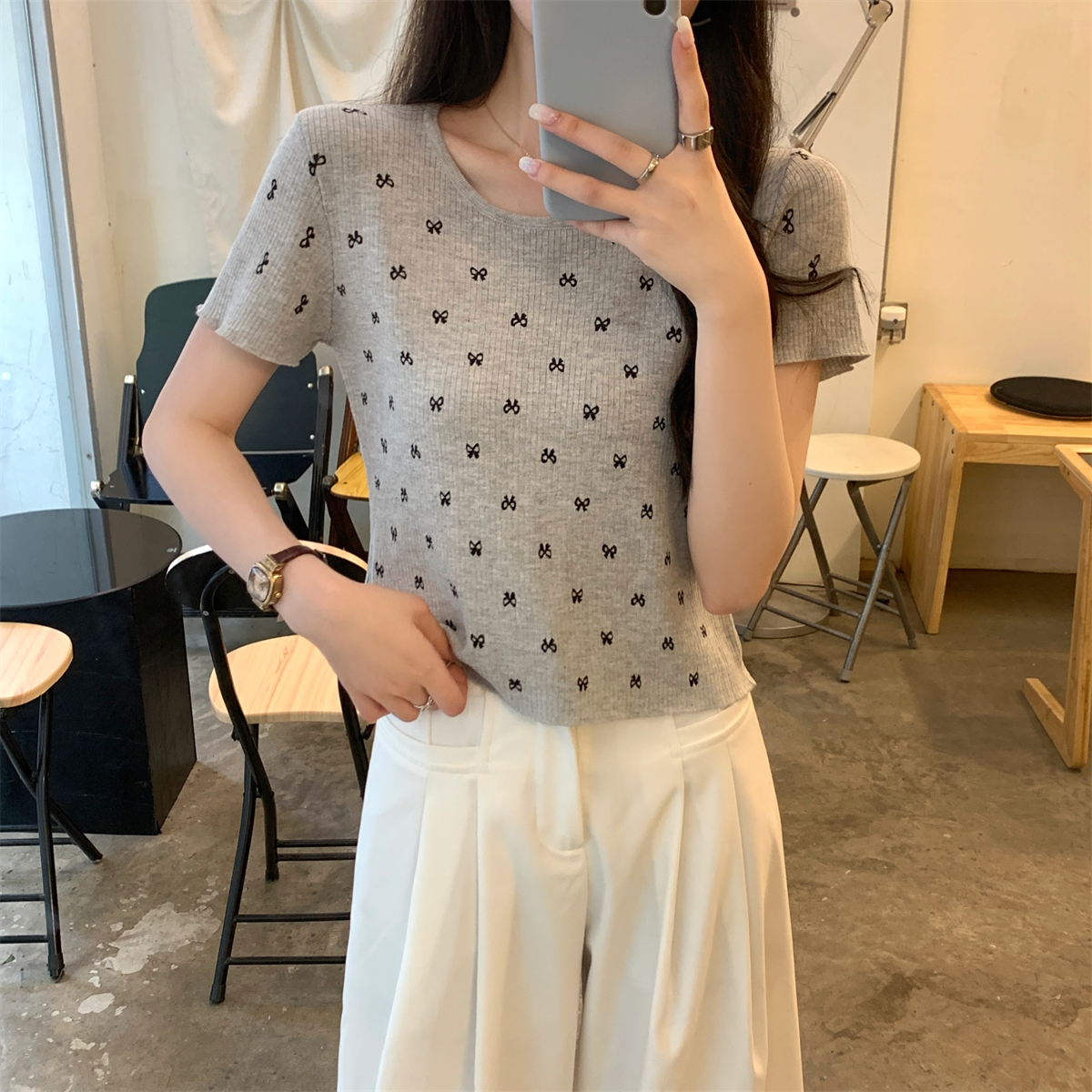 實拍 夏季韓版ins圓領減齡蝴蝶結設計感針織短袖上衣