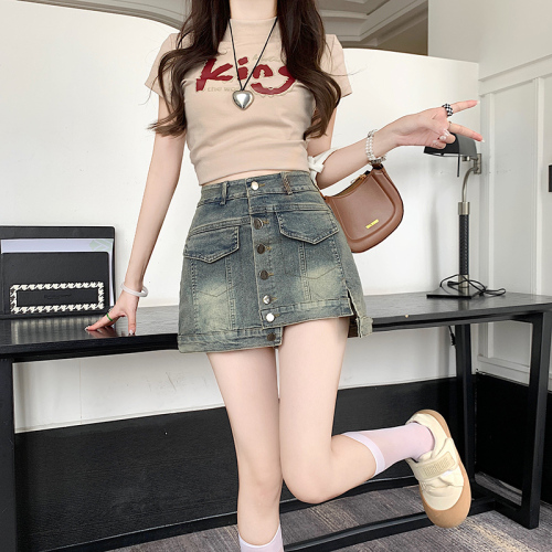 Summer new style washed American retro denim skirt women's high waist slim A-line hip skirt