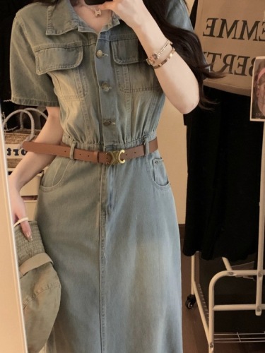 Short-sleeved denim dress for women summer 2024 new Hong Kong style retro chic temperament high-end waist long skirt