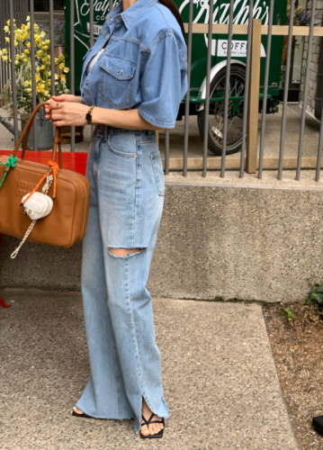 Summer high-waisted ripped straight jeans and slit trousers