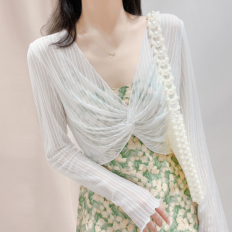 Summer sun protection lace shawl women's suspender skirt with blouse short gauze unique hollow mesh top