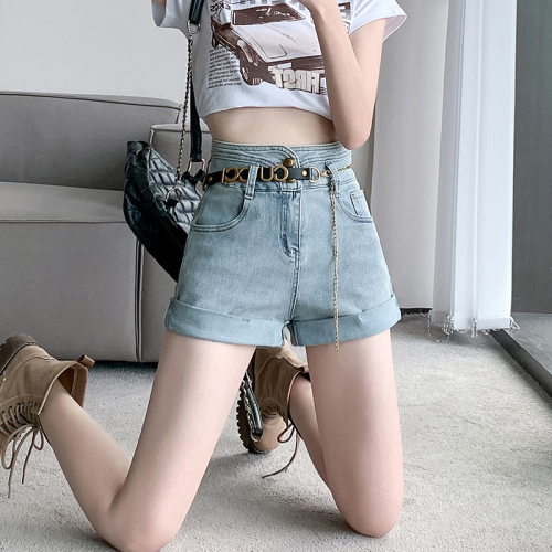 Retro denim shorts for women in summer Internet celebrity hotties high-waisted slimming stretch denim hot pants for women