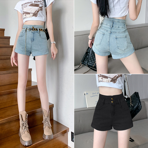 Retro denim shorts for women in summer Internet celebrity hotties high-waisted slimming stretch denim hot pants for women