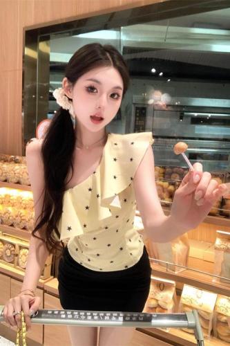 Actual shot ~ French ruffled polka dot slanted shoulder sleeveless vest for women summer slim hot girl outer top