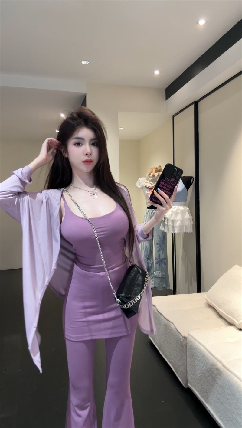 Actual shot of 2024 high-waist slimming fake two-piece slightly flared pants + vest set for women with breast pads