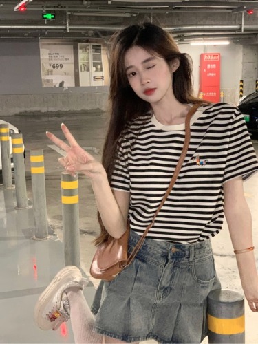 Real shot 230g original fabric short-sleeved T-shirt summer trend striped right shoulder slim short round neck top for women