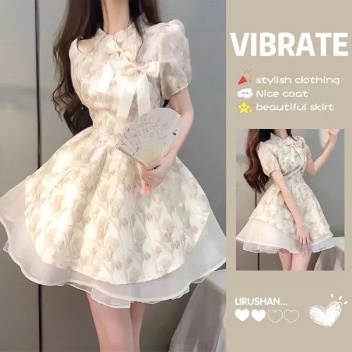 French tea break fugitive princess dress for women summer 2024 new style small waist slimming puffy short skirt