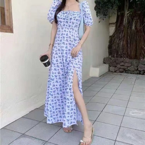 French tea break square neck floral dress for women summer new super fairy style first love sweet slit skirt