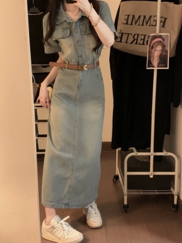 Short-sleeved denim dress for women summer 2024 new Hong Kong style retro chic temperament high-end waist long skirt