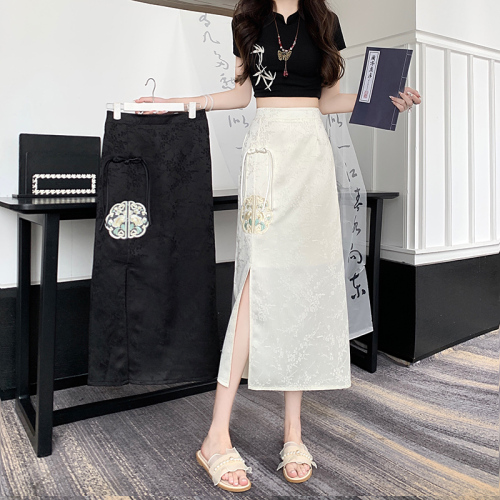 National style retro jacquard temperament hip-covering skirt women's new high-waisted mid-length one-step slit skirt