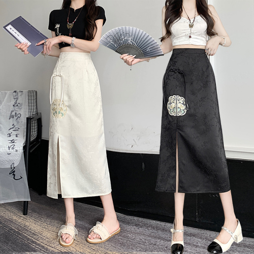 National style retro jacquard temperament hip-covering skirt women's new high-waisted mid-length one-step slit skirt