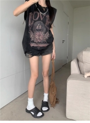 Official picture 6535 washed cotton washed hole vest T-shirt women's summer loose sleeveless printed T-shirt