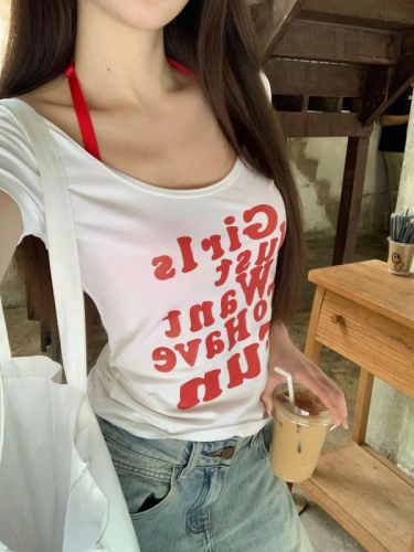 260g custom cut 1x1 Korean letter printed u-neck short-sleeved pure cotton right shoulder women's summer hottie top