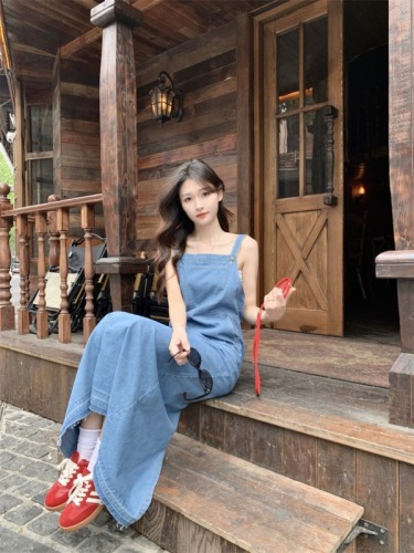 Real shot!  Extra long version with straps, versatile ankle-length chic and unique denim dress for tall people