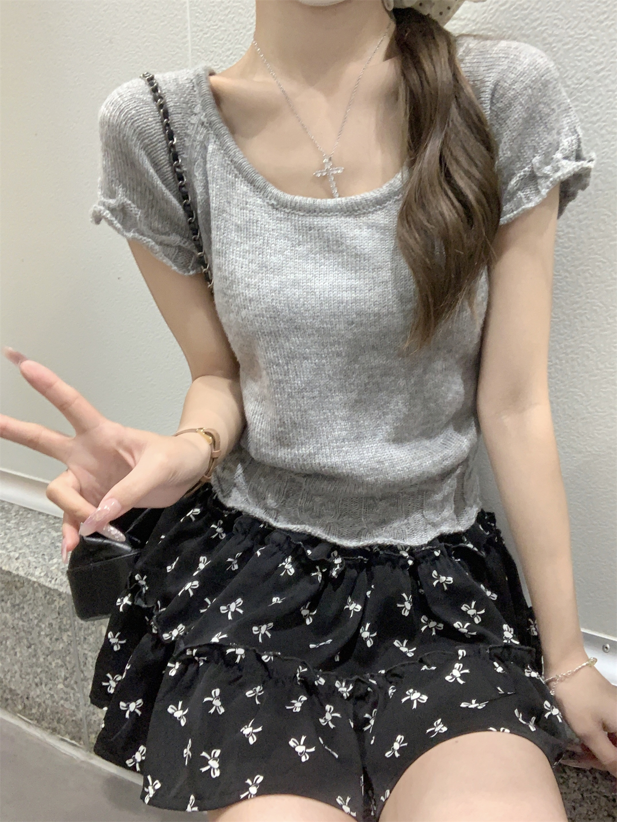 實拍 夏季韓版低圓領甜美花邊馬海毛減齡針織短袖上衣