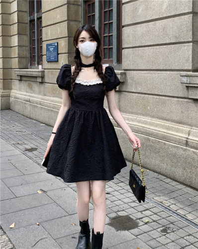 2024 New Sweet and Spicy Square Neck Dress Women's Summer Careful Backless Waist Slimming Bow Short Sleeve Skirt