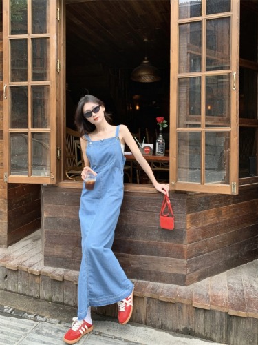 Real shot!  Extra long version with straps, versatile ankle-length chic and unique denim dress for tall people