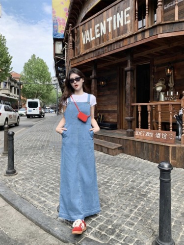 Real shot!  Extra long version with straps, versatile ankle-length chic and unique denim dress for tall people