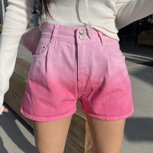 Pink two-button gradient washed high-waist slim denim shorts