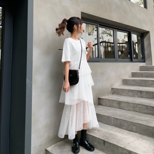 2024 Spring and Summer New Korean Style Loose Versatile Short Sleeve Splicing Mesh Irregular Dress Cake Skirt Women's Long Skirt