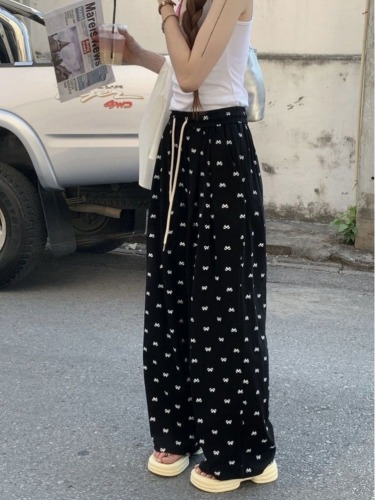 Lazy style bow printed wide-leg casual pants for women summer 2024 new high-waist slim drape floor-length trousers