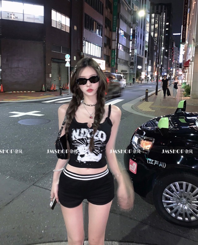 JMSHOP Shibuya Hot Girl Short Raw Edge Wide Shoulder Vest Women's Designed Summer Slim Printed Top