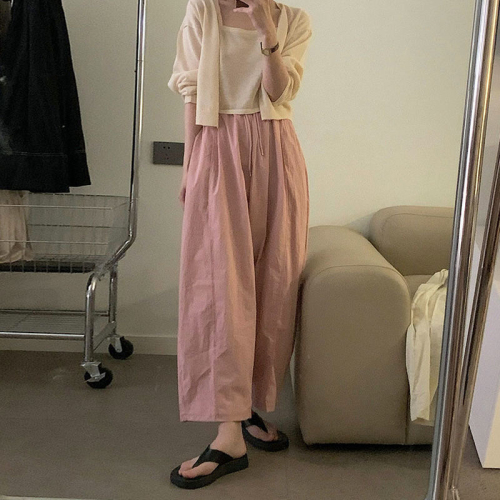 Elastic waist workwear wide leg pants for women summer 2024 new high waist slimming retro nine-point casual pants