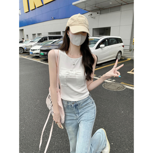 Real shot of three-dimensional bow racer vest for women summer new solid color slim fit short sleeveless top