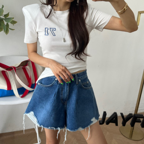 Pleated wide-leg raw edge brushed summer two-tone washed denim shorts